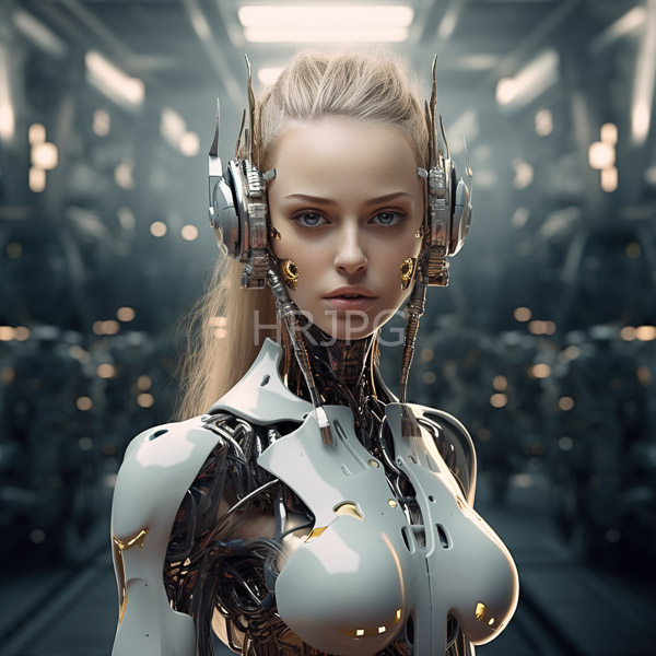High Resolution: Highly detailed attractive female cyborg with pale skin and blonde hair in futuristic armor-like bodysuit with metallic gold accents and cybernetic enhancements download. | HRJPG.com