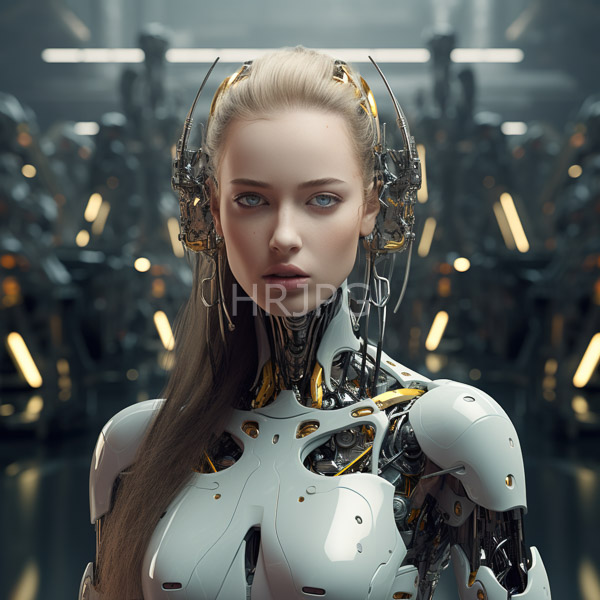 High Resolution: Attractive pale-skinned woman with blonde hair in futuristic cybernetic armor featuring white plating and intricate metallic components on her neck and head download. | HRJPG.com