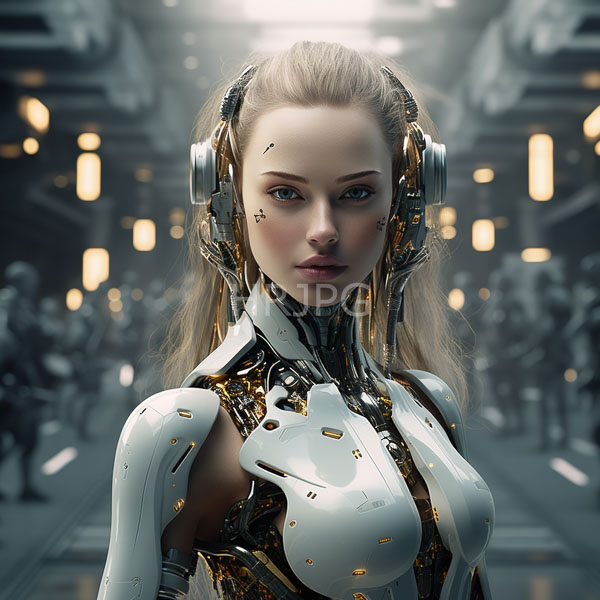 High Resolution: Hyper-realistic portrait of an attractive blonde woman in futuristic armor featuring white and gold metallic elements with cybernetic enhancements near one eye download. | HRJPG.com
