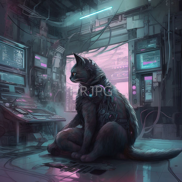 High Resolution: Anthropomorphic cybernetically enhanced cat sitting in a dim futuristic control room with neon pink and blue lighting near computer monitors download. | HRJPG.com
