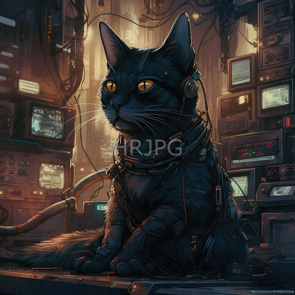 High Resolution: Anthropomorphic black cat with yellow eyes wears headphones and multiple cables around its neck in a futuristic control room with vintage-style monitors download. | HRJPG.com