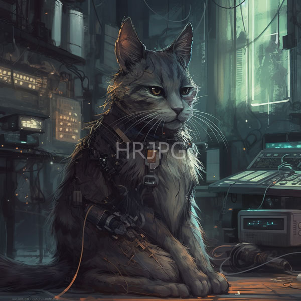 High Resolution: Anthropomorphic gray tabby cat with cybernetic enhancements sits in a dim-lit futuristic control room filled with wires and electronic equipment download. | HRJPG.com