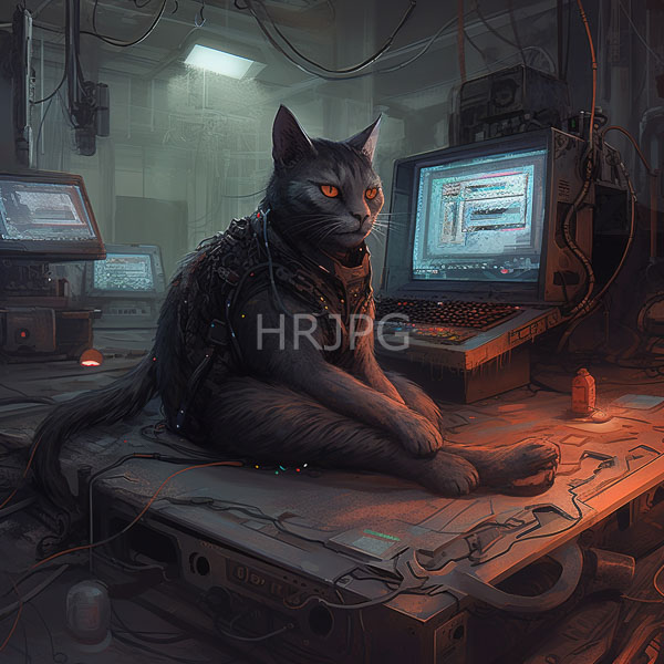 High Resolution: Anthropomorphic black cat with glowing orange eyes wears cybernetic gear and sits on a cluttered desk in front of two laptops displaying code screens download. | HRJPG.com