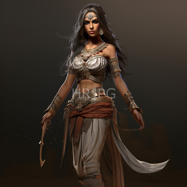 High Resolution: Attractive dark-skinned woman with long black hair and intricate jewelry wears ancient warrior attire a silver cropped top and white flowing pants download. | HRJPG.com