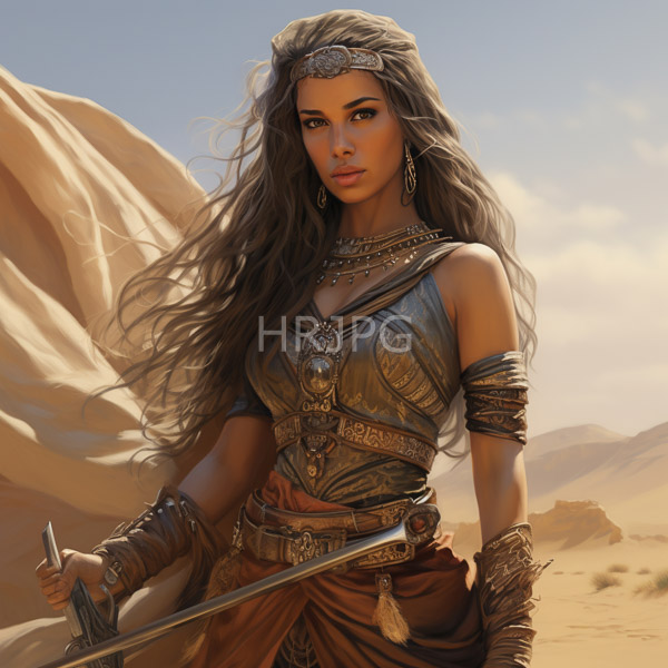 High Resolution: Attractive dark-skinned woman with long brown hair in ancient desert warrior attire holds a sword wearing ornate metal armor and jewelry against sandy dunes download. | HRJPG.com