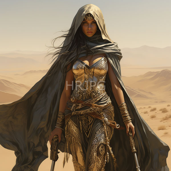 High Resolution: Attractive dark-skinned woman with long black hair and golden eyes stands in a desert landscape wearing ornate gold armor over her large breasts download. | HRJPG.com