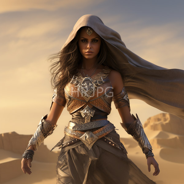 High Resolution: Attractive dark-skinned woman with long brown hair in desert armor featuring metallic and leather elements wears a hooded cloak blowing in the wind against sandy dunes download. | HRJPG.com