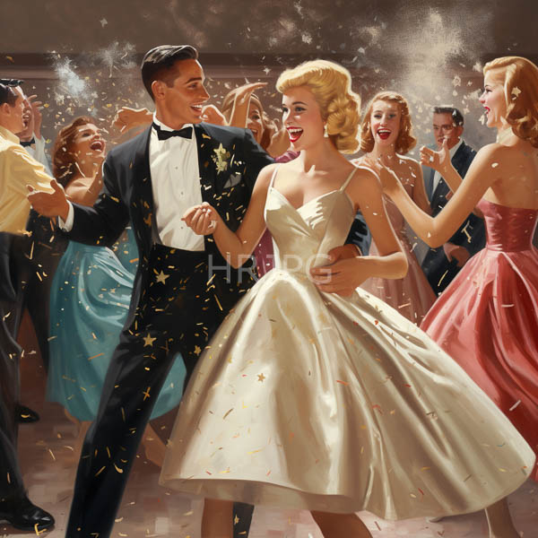 High Resolution: Elegant dance party in mid-20th century style features laughing couples dancing under sparkling confetti a man in a black tuxedo holds hands with a blonde woman download. | HRJPG.com