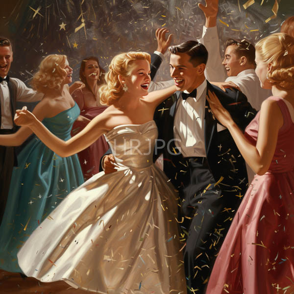 High Resolution: Energetic dance party in mid-20th century style features six people dancing and laughing under colorful confetti rain a blonde woman wears a white strapless gown download. | HRJPG.com