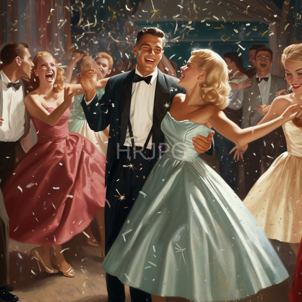 High Resolution: Elegant dance party in mid-20th century style features two central dancers a man in a black tuxedo and a blonde woman in a light blue strapless dress laughing joyfully download. | HRJPG.com