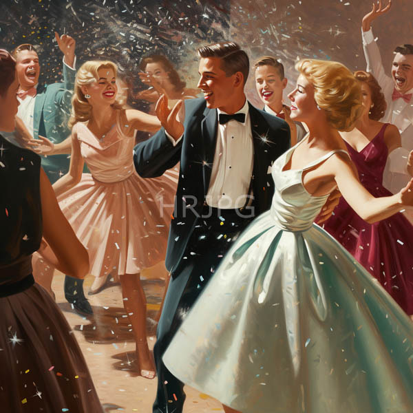 High Resolution: Elegant dance party features men in black tuxedos and women wearing pastel dresses including pink and mint green gowns with confetti falling around them download. | HRJPG.com