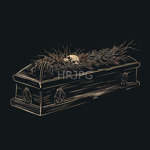 High Resolution: Detailed monochromatic drawing of an ornate coffin with two carved handles on each side against a black background with a small skull resting on dry twigs download. | HRJPG.com