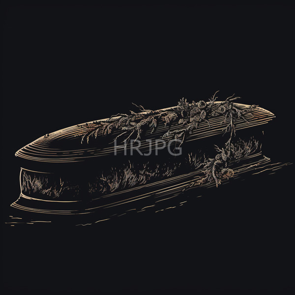 High Resolution: Intricate monochromatic drawing depicts a detailed wooden coffin adorned with overgrown vines and leaves on its lid against a solid black background download. | HRJPG.com