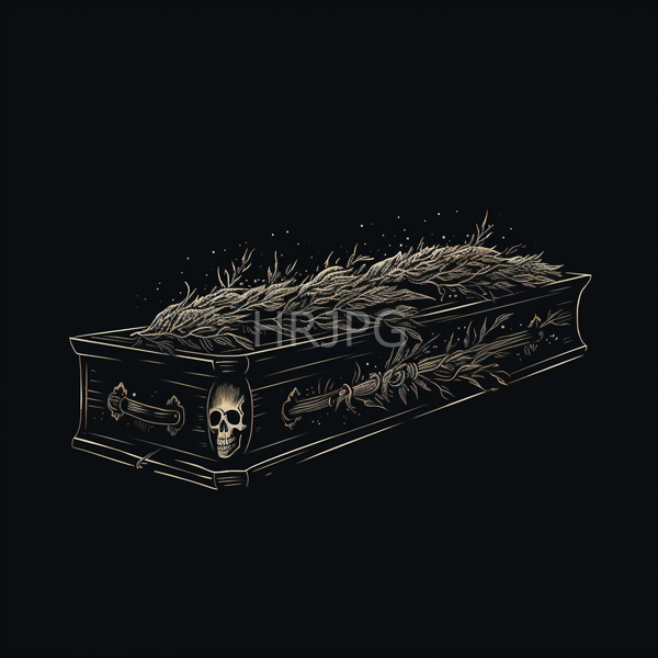 High Resolution: Detailed rectangular coffin with gold outlines on a black background adorned with tangled grass and two skull motifs one at each end download. | HRJPG.com