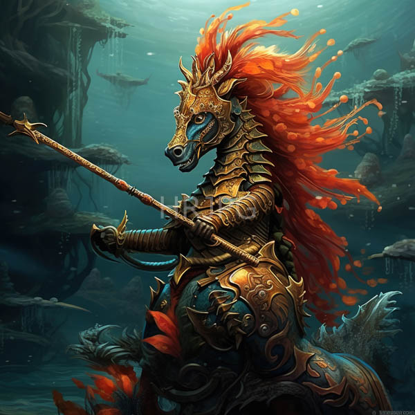 High Resolution: Anthropomorphic armored horse warrior with a fiery red mane and golden armor holds a spear underwater in a dark aquatic cave filled with glowing orange orbs download. | HRJPG.com