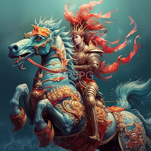 High Resolution: Armored warrior with red flame-like hair riding a blue horse adorned in ornate gold and orange armor patterns against a teal background galloping through mist download. | HRJPG.com