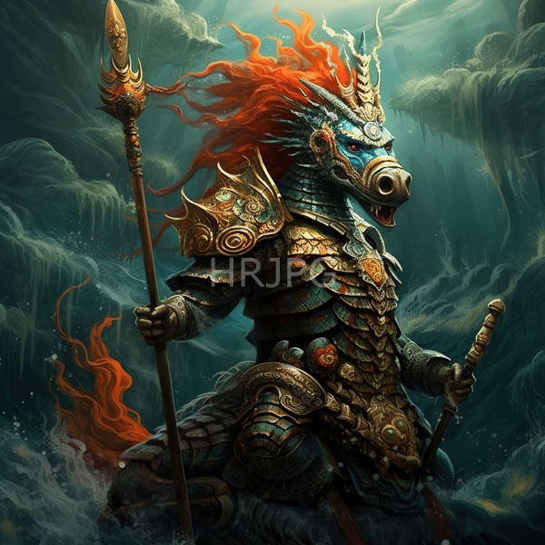 High Resolution: Anthropomorphic armored creature with a fiery red mane and blue eyes stands in stormy clouds holding two ornate spears with intricate golden armor download. | HRJPG.com