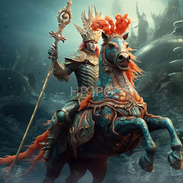 High Resolution: Armored warrior with pale skin and red hair riding a vibrant blue-green horse adorned in intricate orange-red feathered armor holding an ornate staff download. | HRJPG.com
