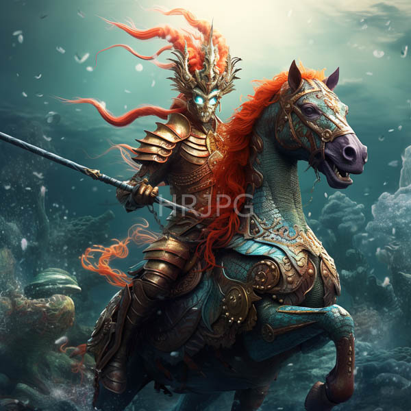 High Resolution: Armored warrior with fiery red hair and glowing blue eyes riding a majestic horse adorned in intricate armor patterns beneath underwater light rays download. | HRJPG.com