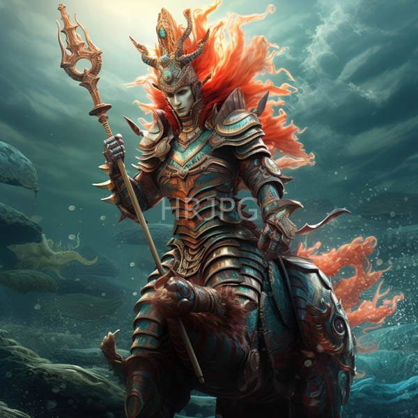 High Resolution: Armored fiery-haired female warrior with glowing red hair and an intricate golden crown holds a trident underwater amidst rocky terrain in dark bronze armor download. | HRJPG.com