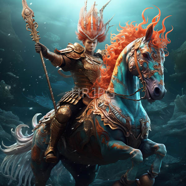 High Resolution: Armored warrior with fiery red hair and an intricate crown riding a blue horse adorned in matching armor that also features flames at its mane underwater download. | HRJPG.com