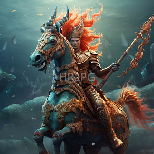 High Resolution: Armored warrior with fiery red hair riding a blue ornately decorated unicorn underwater amidst coral and fish holding a twisted staff download. | HRJPG.com