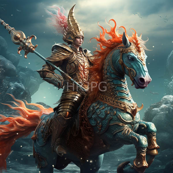 High Resolution: Armored warrior with dark skin and fiery red hair riding a majestic blue horse adorned in intricate gold armor matching his own with flaming feathers download. | HRJPG.com