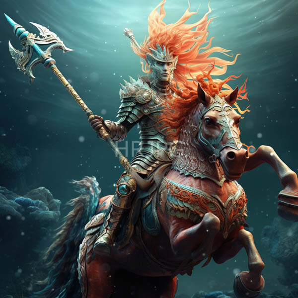 High Resolution: Armored warrior with fiery orange hair riding a powerful ornately decorated horse underwater wielding a large double-headed axe with a fierce expression download. | HRJPG.com