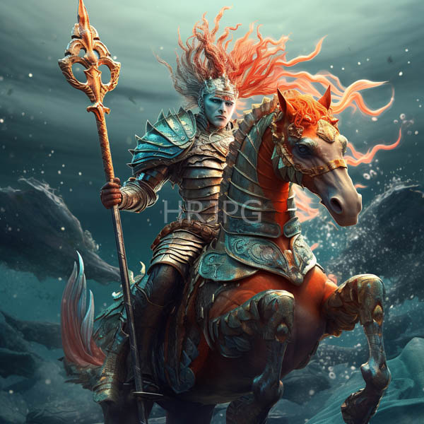 High Resolution: Armored warrior with fiery red hair riding a horse also engulfed in flames wielding an ornate staff under turbulent teal skies exuding intense energy download. | HRJPG.com