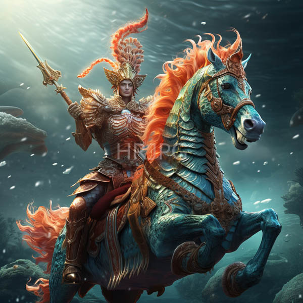 High Resolution: Armored warrior with fiery orange hair and intricate golden helmet riding a vibrant blue horse adorned in matching armor against a stormy sky with falling snowflakes download. | HRJPG.com
