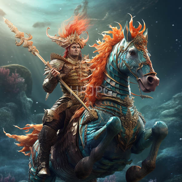 High Resolution: Armored warrior with fiery orange hair and intricate golden armor riding a blue ornately plated horse underwater amidst coral reefs holding a tall spear download. | HRJPG.com
