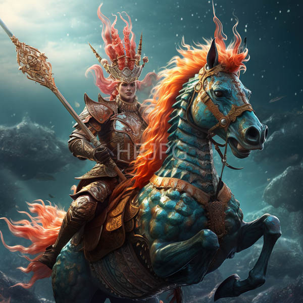 High Resolution: Armored fiery-haired female warrior riding a blue-scaled horse with an orange mane and tail under starry skies wears ornate golden armor and holds a decorative spear download. | HRJPG.com