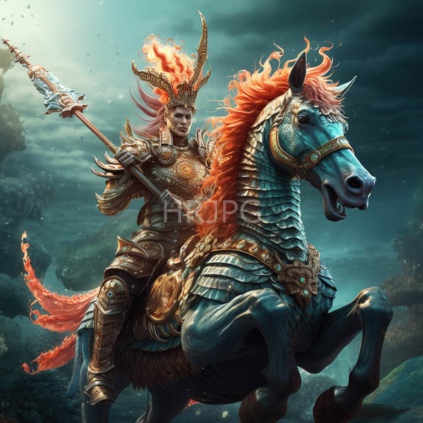 High Resolution: Armored warrior with fiery orange hair and horns riding a blue-scaled horse adorned in ornate armor wielding a spear topped by flames download. | HRJPG.com