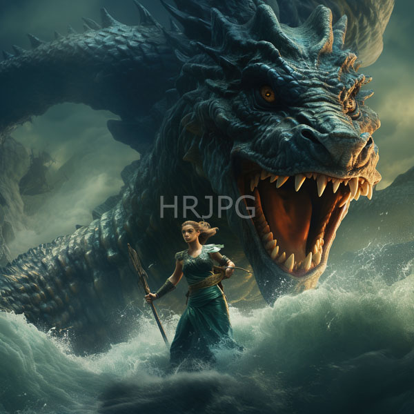High Resolution: Armored green-dressed woman with braided hair stands in turbulent water holding a spear facing a massive dragon with glowing orange eyes and open jaws download. | HRJPG.com