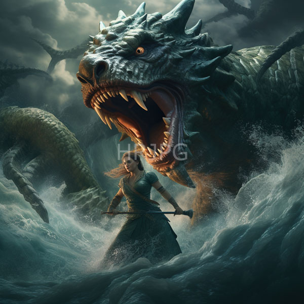 High Resolution: Intense scene where a fierce massive dragon with sharp teeth and green scales looms behind turbulent ocean waves in stormy weather above a brave woman download. | HRJPG.com