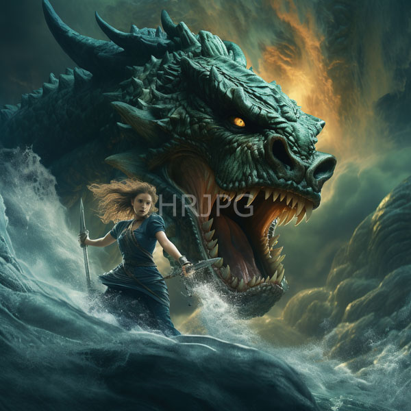 High Resolution: Intense battle scene between a fierce green-scaled dragon with glowing orange eyes against a determined young woman in blue medieval attire wielding a sword download. | HRJPG.com