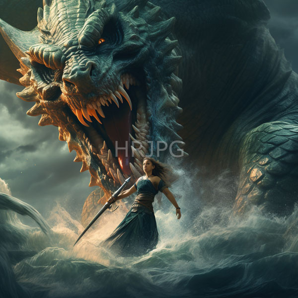 High Resolution: Enormous green-scaled dragon with glowing orange eyes looms over a brave woman in ancient Greek-style attire holding a sword on turbulent waters download. | HRJPG.com