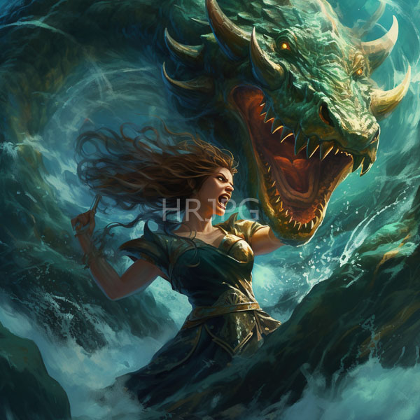High Resolution: Intense battle scene between a fierce green-scaled dragon with sharp teeth and glowing eyes against a determined young woman in ornate armor casting magic download. | HRJPG.com