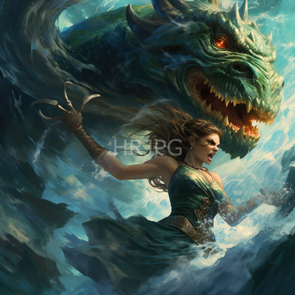 High Resolution: Intense scene with a fierce green-scaled dragon looming behind a determined woman in flowing blue-green armor with her long hair flowing wildly download. | HRJPG.com