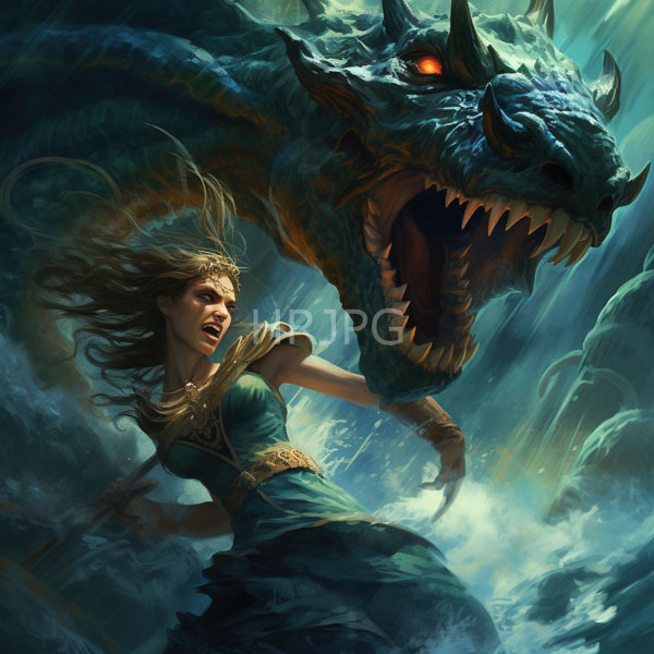 High Resolution: Intense battle scene between a fierce large dragon with glowing red eyes against a determined young woman in ancient Greek-style attire mid-action download. | HRJPG.com