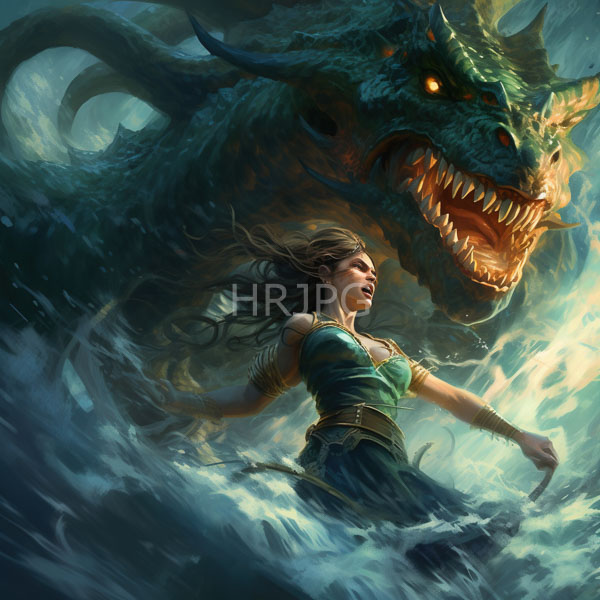 High Resolution: Elven woman with long brown hair wearing green armor and a flowing dress facing off against a massive dragon in turbulent waters with glowing orange eyes download. | HRJPG.com