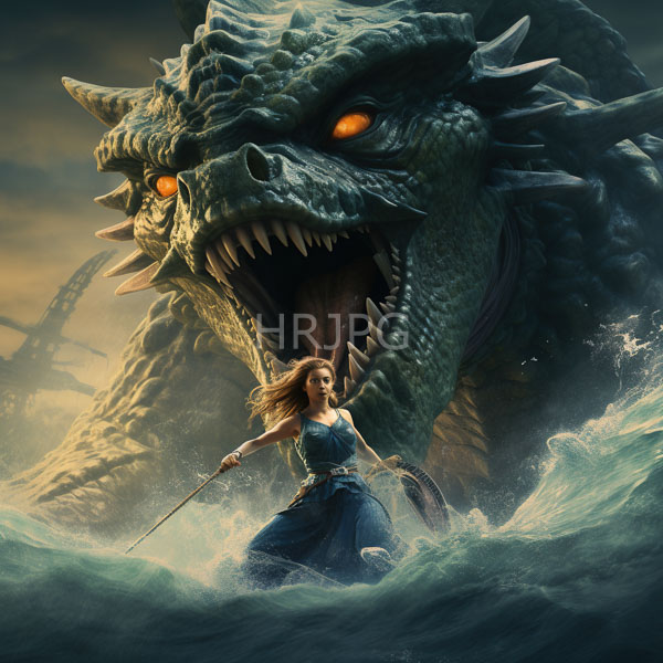 High Resolution: Intense battle scene between a fierce massive green dragon with glowing orange eyes against turbulent ocean waves where a determined woman wields a sword download. | HRJPG.com