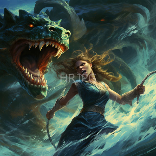 High Resolution: Intense battle scene with a fierce green-scaled dragon roaring in front of two menacing dark dragons with a determined woman wielding dual scimitars download. | HRJPG.com
