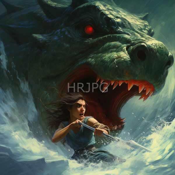High Resolution: Intense battle scene with a fierce green-scaled dragon roaring behind water splashes facing a determined woman with long brown hair wielding dual knives underwater download. | HRJPG.com