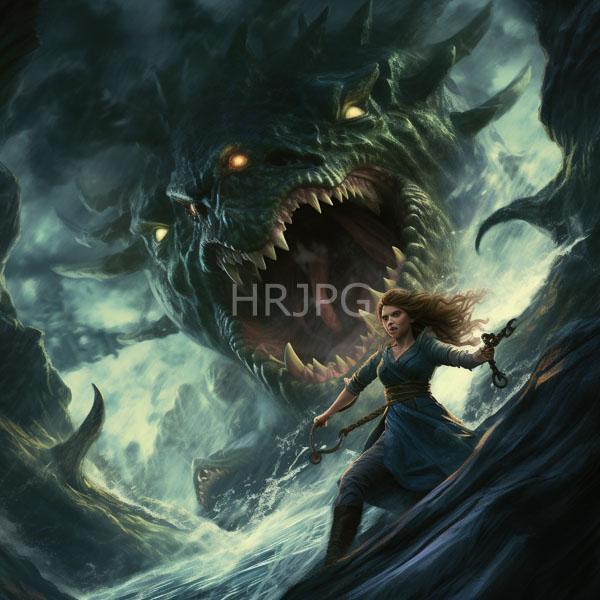 High Resolution: Intense battle scene between a fierce green-scaled dragon with glowing orange eyes against a determined female warrior wielding a staff on rocky terrain download. | HRJPG.com