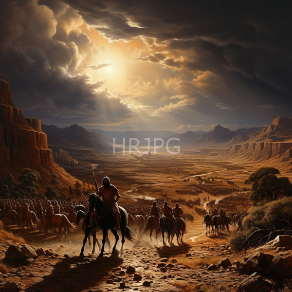 High Resolution: Expansive desert landscape at sunset with red rock formations a Native American warrior rides horseback leading a herd through dusty terrain download. | HRJPG.com