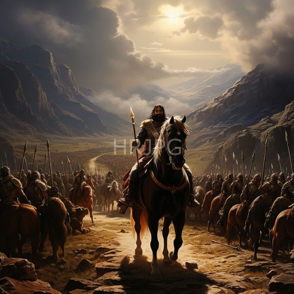High Resolution: Epic sunlit mountain landscape features a muscular warrior with long dark hair riding a black horse holding a spear leading his army through rocky terrain download. | HRJPG.com