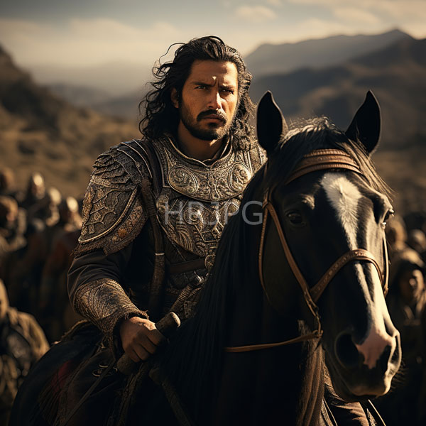 High Resolution: Chris Hemsworth as an armored warrior with long wavy dark hair riding a black horse in sunlight against a mountainous background with blurred soldiers behind download. | HRJPG.com