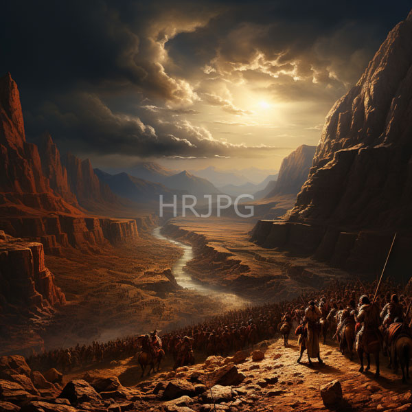 High Resolution: Ancient sunlit canyon landscape with towering red rock cliffs a winding river and a large army of warriors in traditional attire carrying spears download. | HRJPG.com