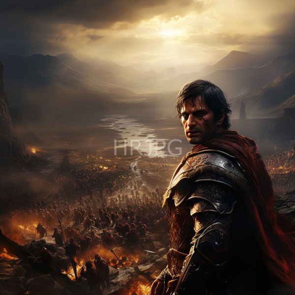 High Resolution: Muscular dark-haired warrior with blood on his face and metallic armor standing in an epic battle scene at sunset with soldiers clashing amidst flames download. | HRJPG.com
